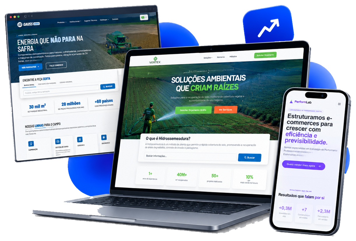 Sites da Gauss Agro, Vertex e PerformLab desenvolvidos pela PerformPages em navegador, notebook e celular